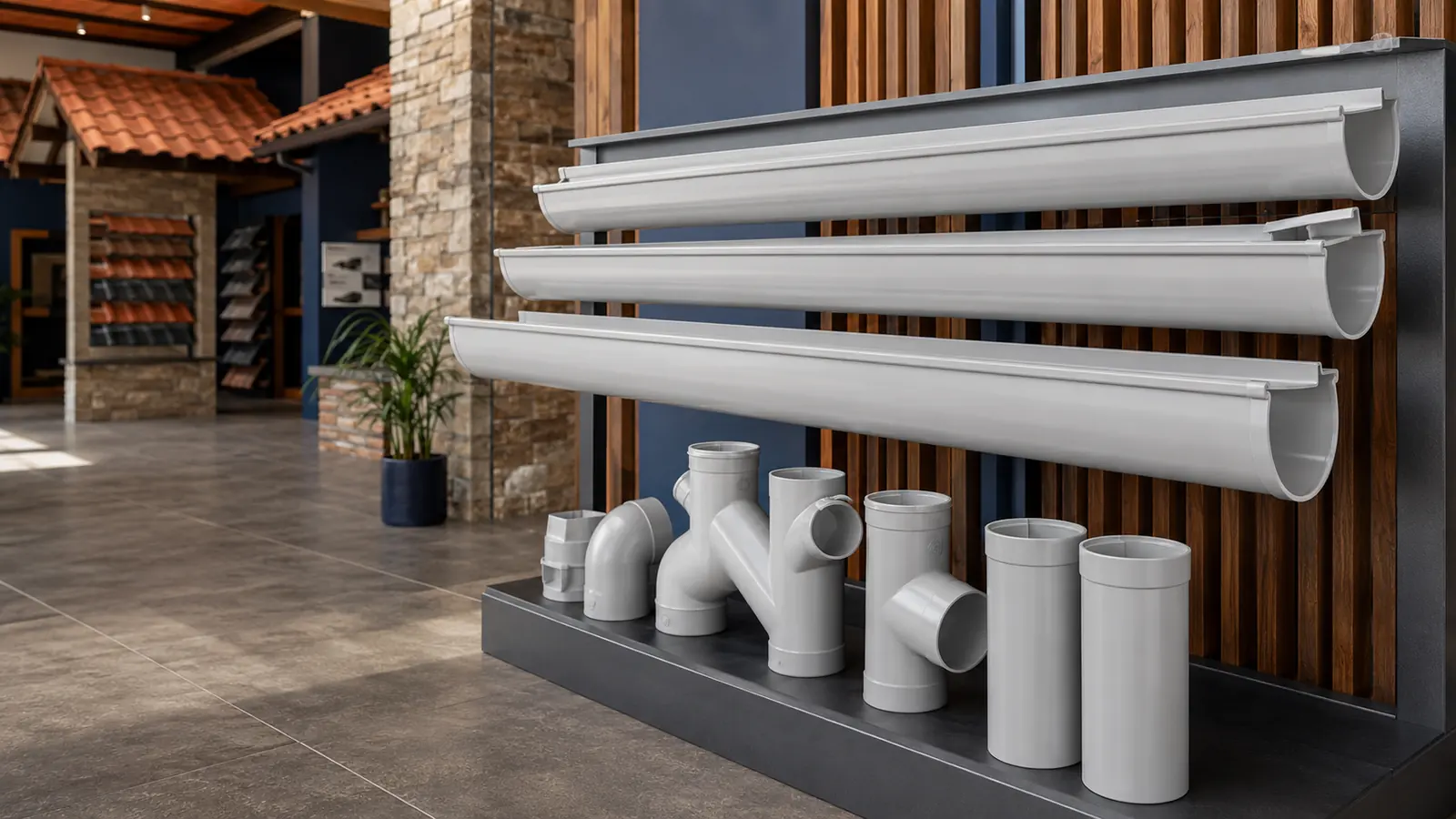 PVC waste pipes and fittings on display